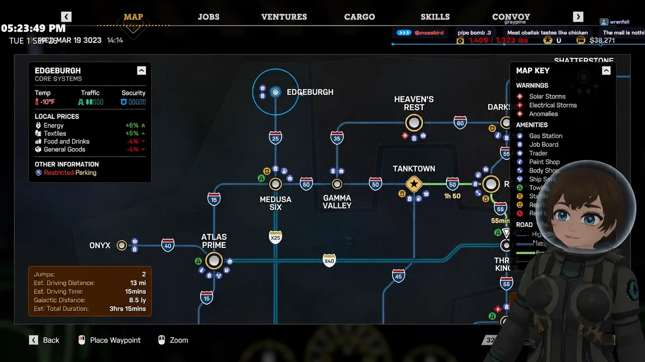 The star map with a multi-system route plotted toward Edgeburgh through nearby systems.