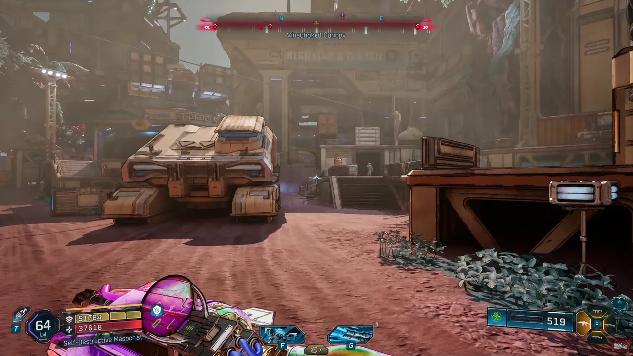 Player pushing past a parked armored vehicle on the route through the Vinechoked Canopy