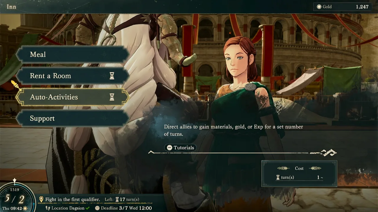 City Inn menu with the Auto-Activities option highlighted for sending units out