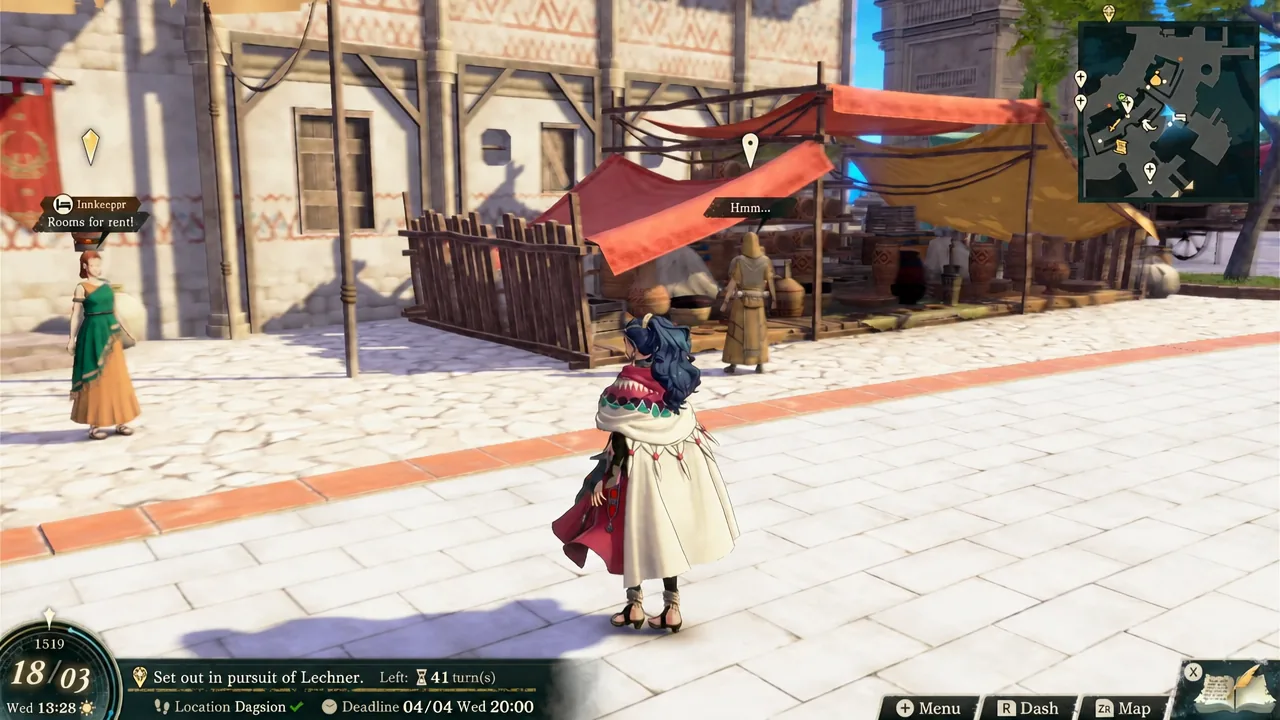 Dagsion market stalls outside the City Inn with a quest objective tracked in the corner of the screen