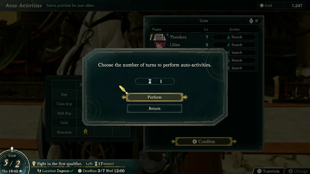 Auto-Activities screen with the turn count set and the Perform button highlighted