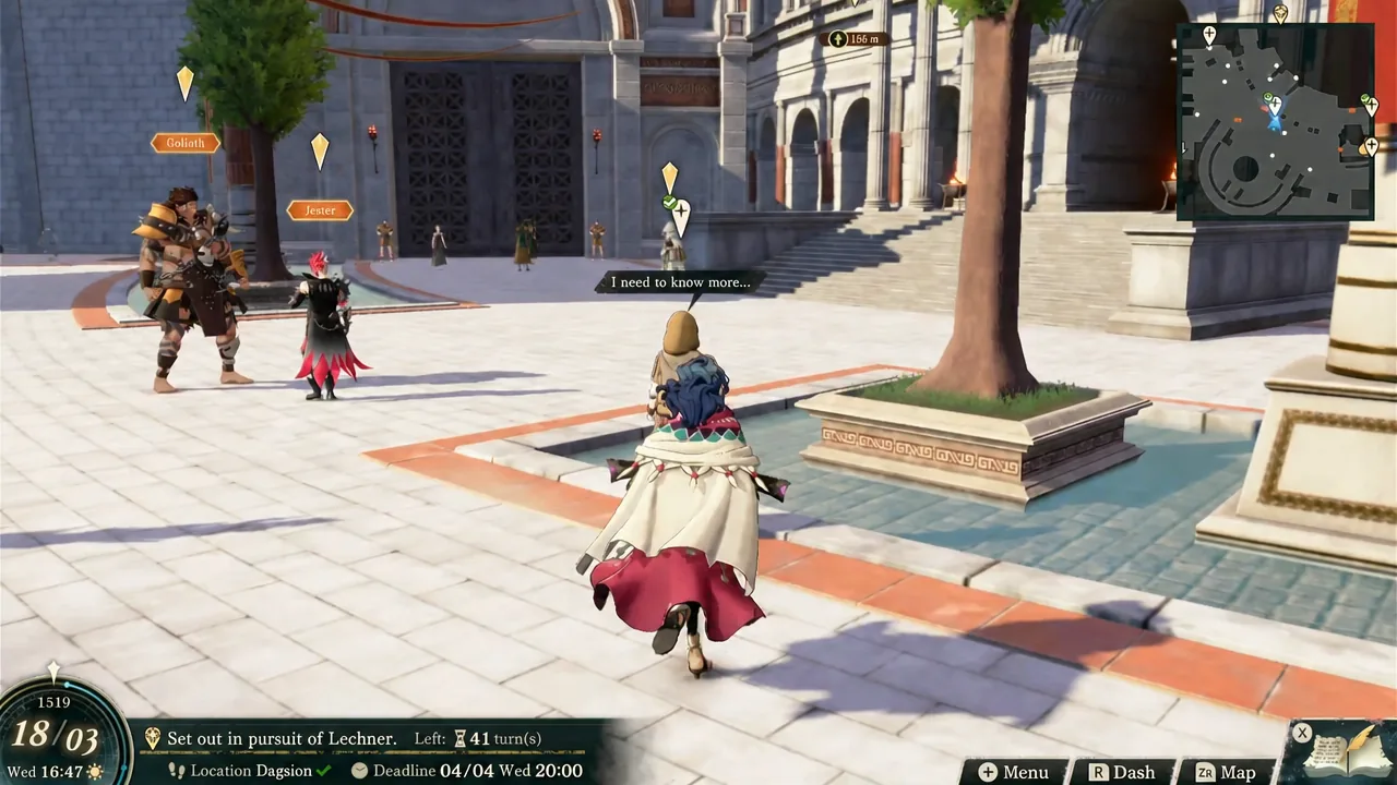 City exploration view with the I need to know more interaction prompt highlighted beside an NPC