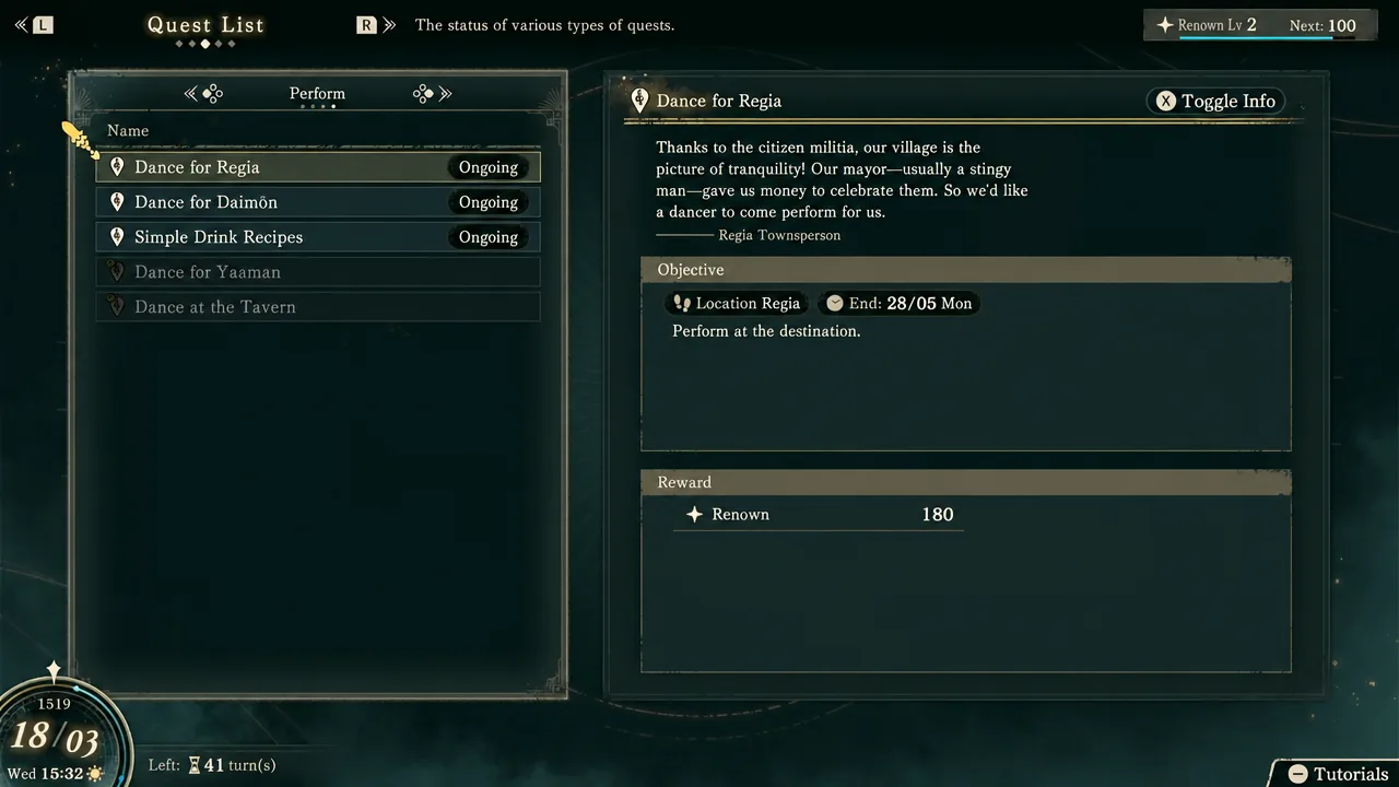 Quest List subquest tab showing a highlighted entry with its objective and reward breakdown