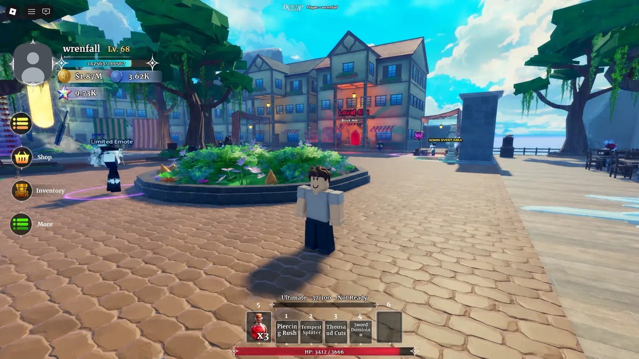 Dungeon Lootr town plaza with the Shop button visible on the left side of the screen