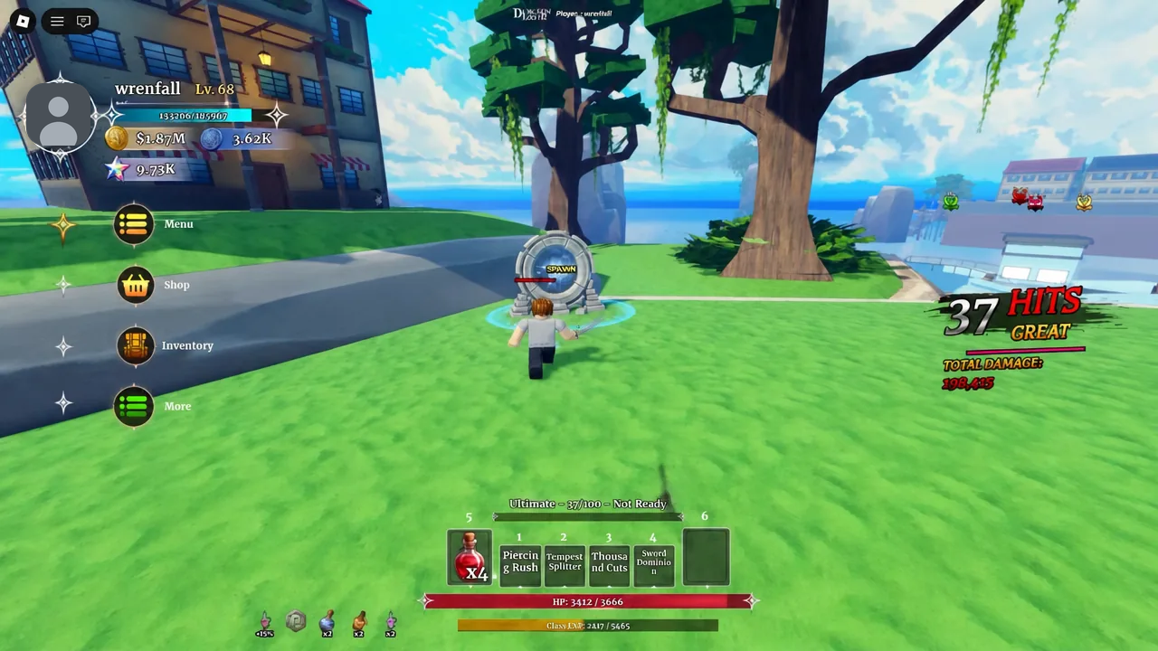 Player character walking toward a highlighted spawn portal inside a Dungeon Lootr dungeon