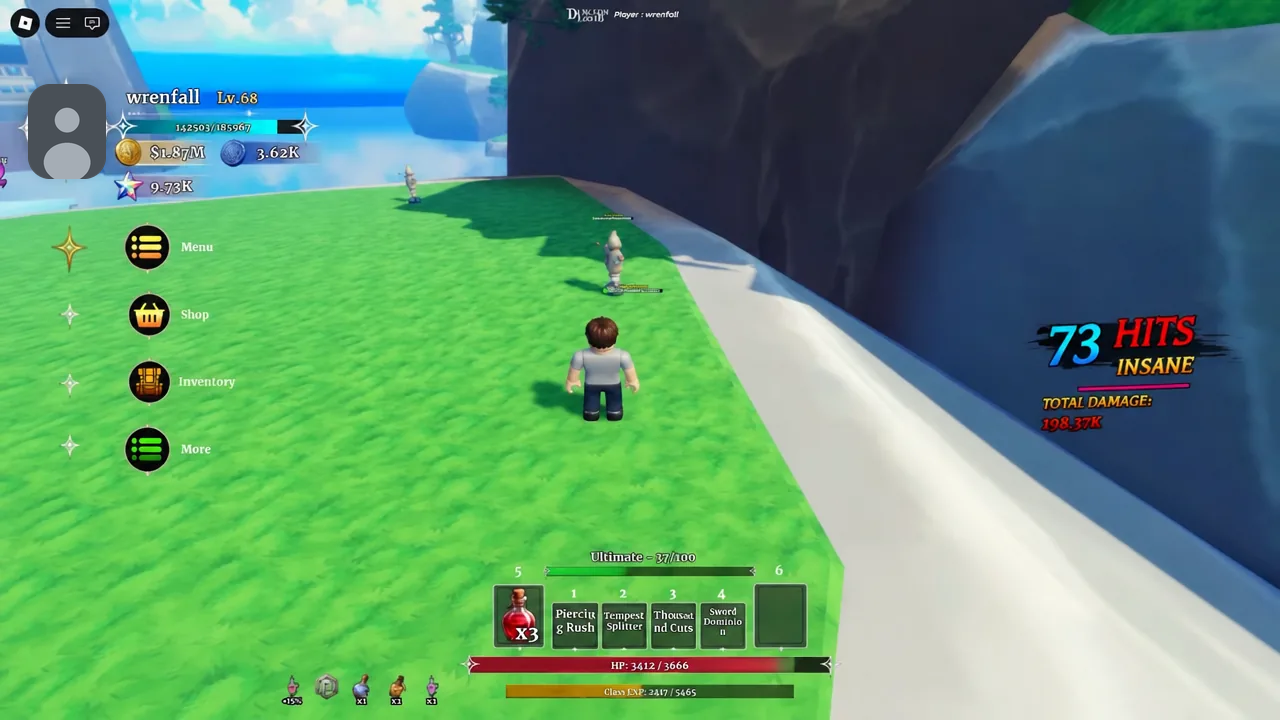 Dungeon Lootr combat HUD during a long Spell Breaker attack chain with a 73-hit counter
