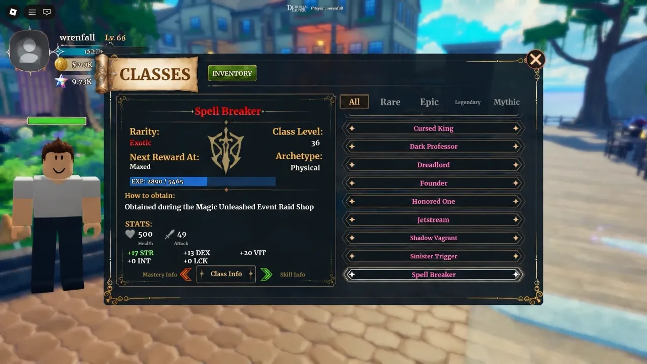 Dungeon Lootr Classes menu with Spell Breaker selected and its stat card open