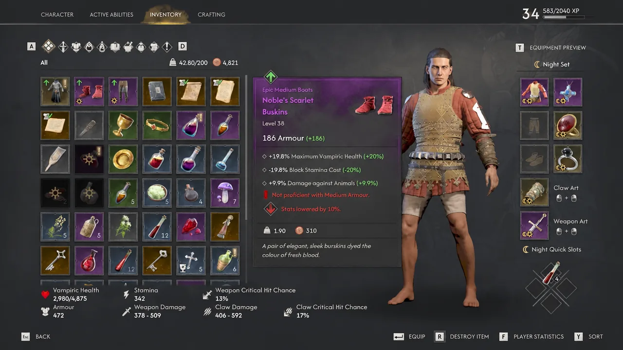 Inventory screen showing armour item details before equipping the new chest piece