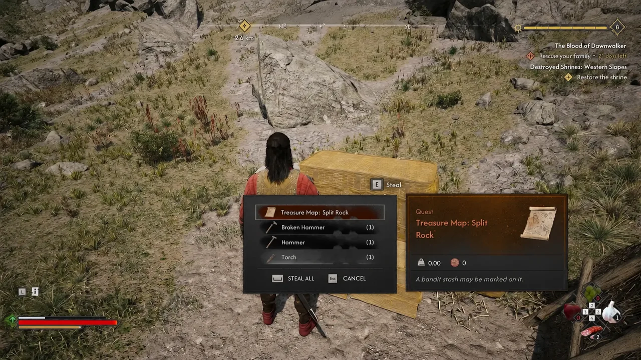 Loot menu with Treasure Map: Split Rock highlighted inside the bandit camp crate