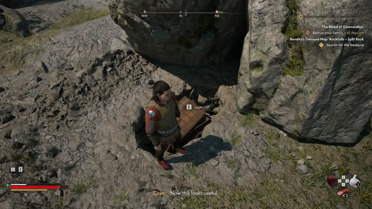 Gameplay view with the E Loot prompt displayed over the unearthed treasure chest