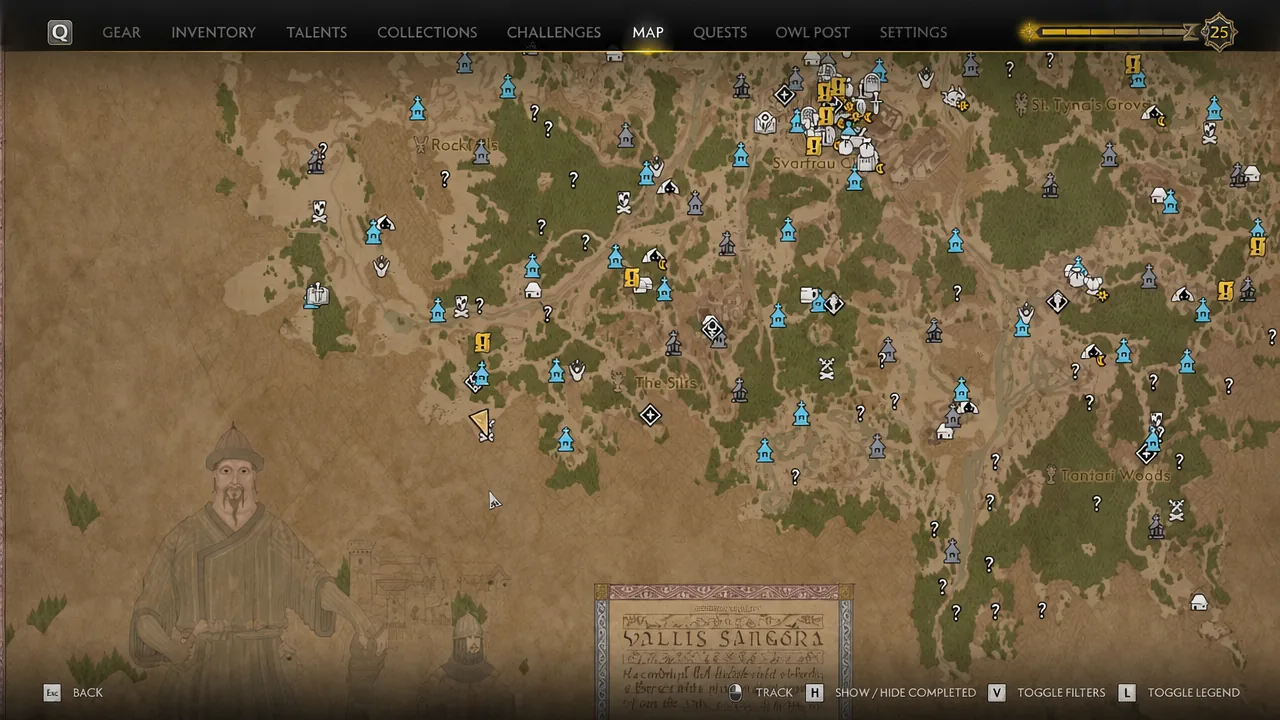 World map screen with the MAP tab open, showing the bandit camp marker in the southwest