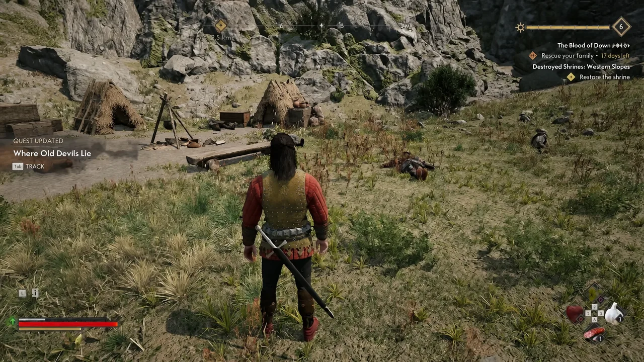Quest Updated notification for Where Old Devils Lie with the Tab track prompt on screen