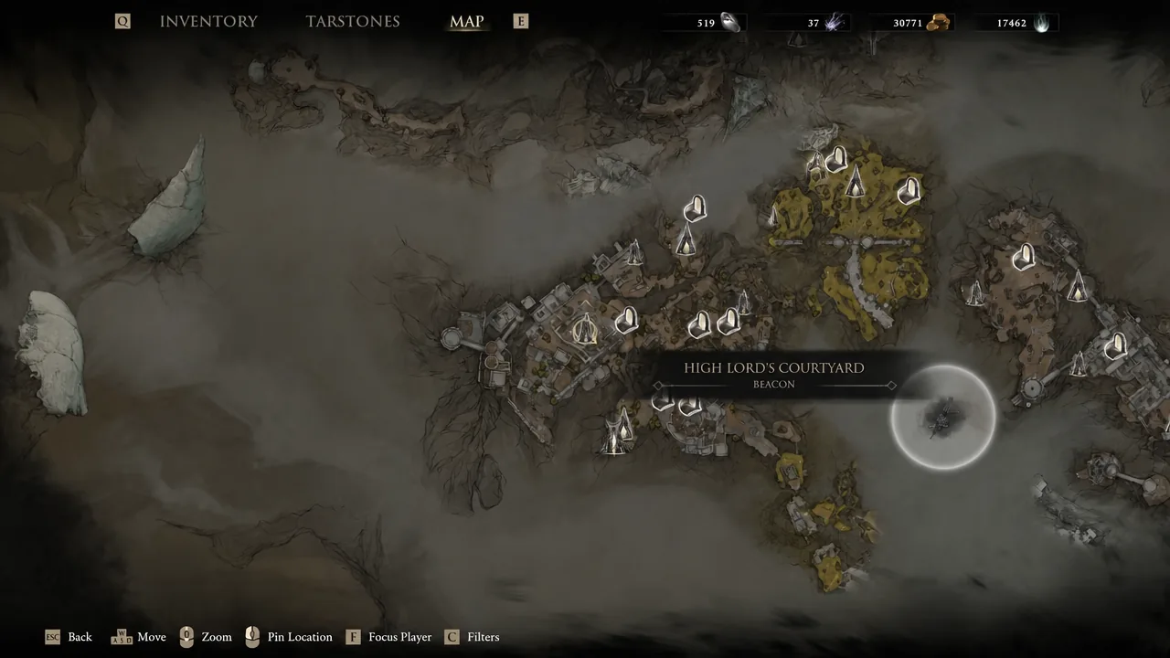 Map screen with the High Lord's Courtyard beacon highlighted as the travel destination
