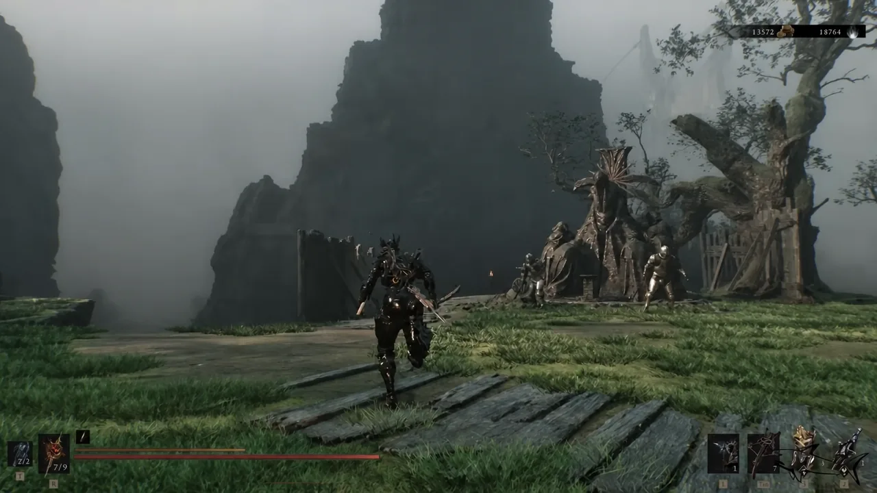 The Harbinger running down a forest path past a large tree with enemies ahead