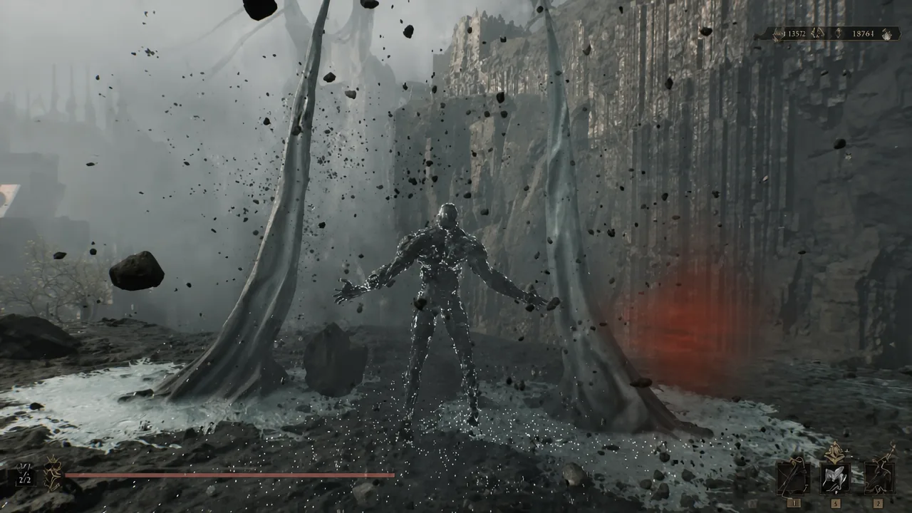 Sidearm firing a spread of projectiles at an enemy during combat