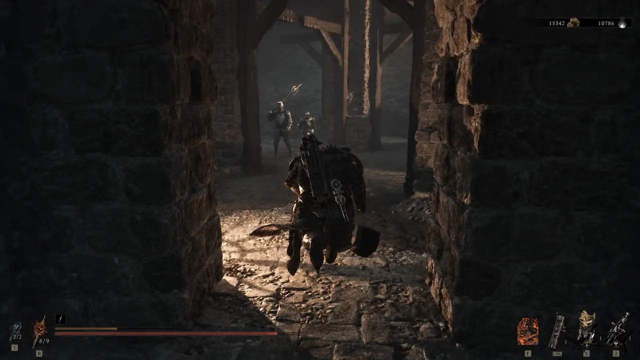 Player character walking through a narrow stone corridor with two enemies ahead