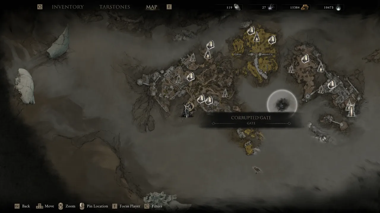Map screen showing a gate location highlighted with its tooltip open in the Ruins of Mammon