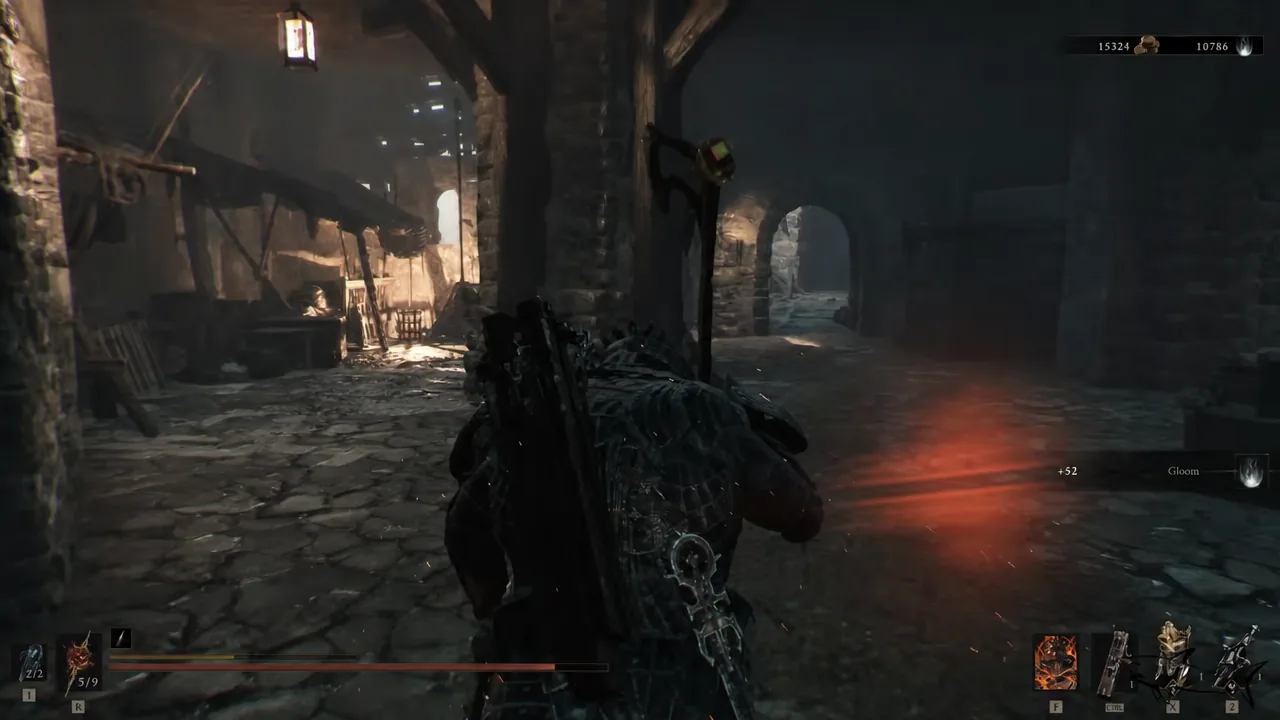 Fighting through a dim stone courtyard on the climb toward the Lonesome Spire
