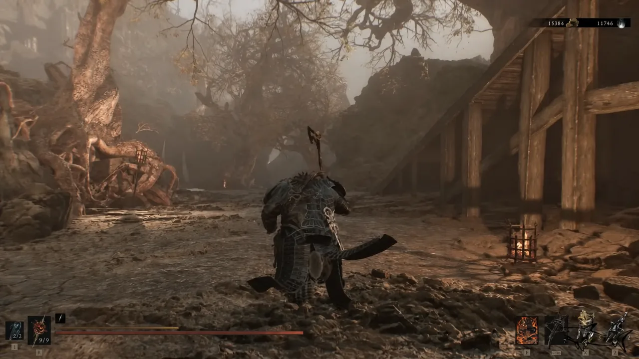The Harbinger pushing through the ruined streets of the Deserted Slums with the combat HUD visible