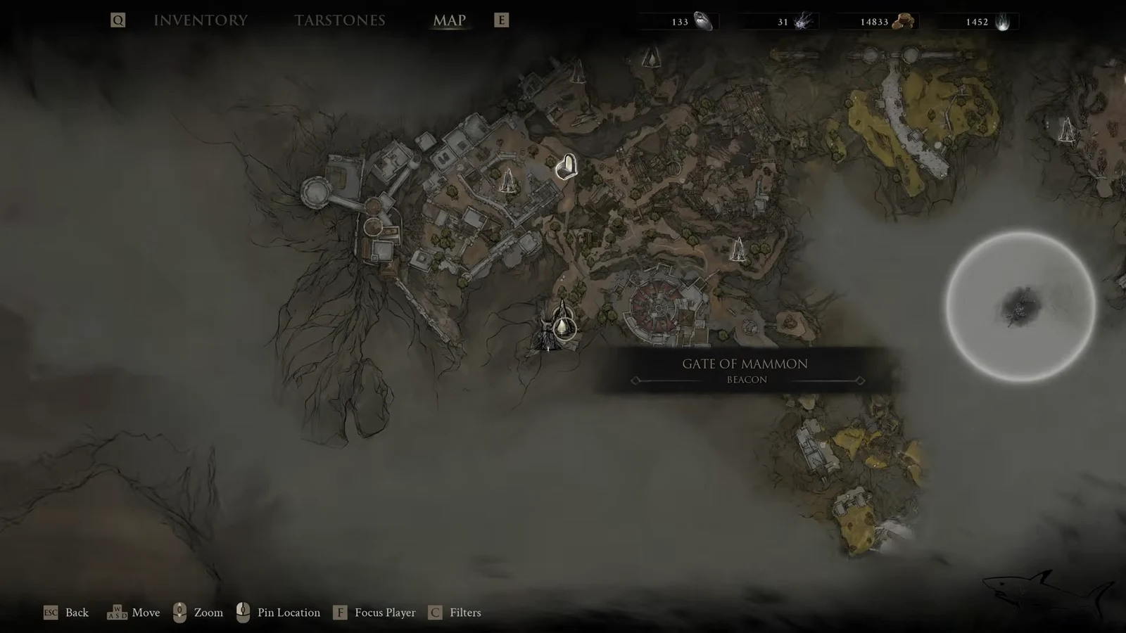 Map screen with the Gate of Mammon beacon selected and labeled