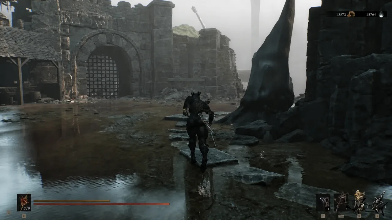 Armored character crossing a flooded courtyard toward a closed castle gate