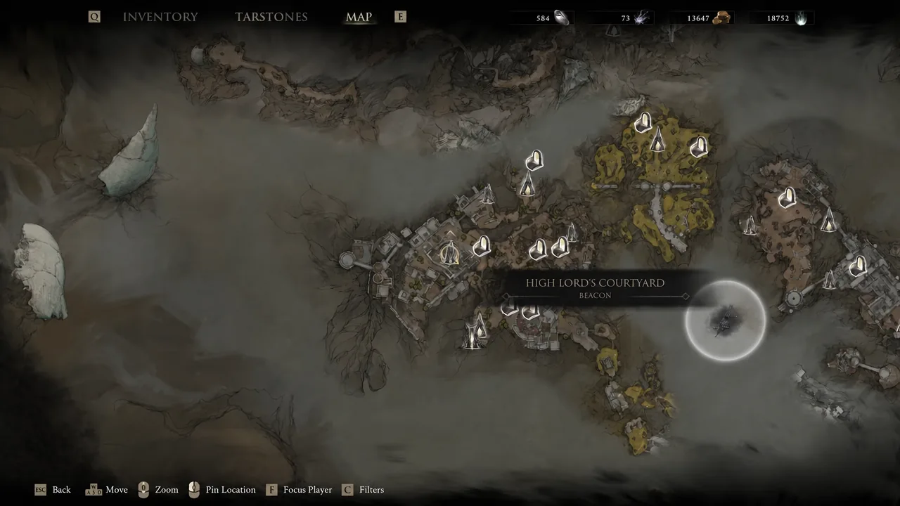 The High Lord's Courtyard beacon highlighted on the map screen.