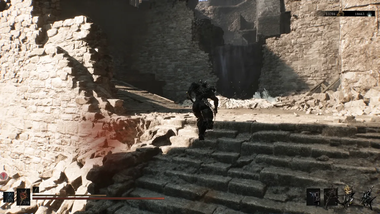Armored character climbing ruined stone steps toward a broken opening in a fortress wall