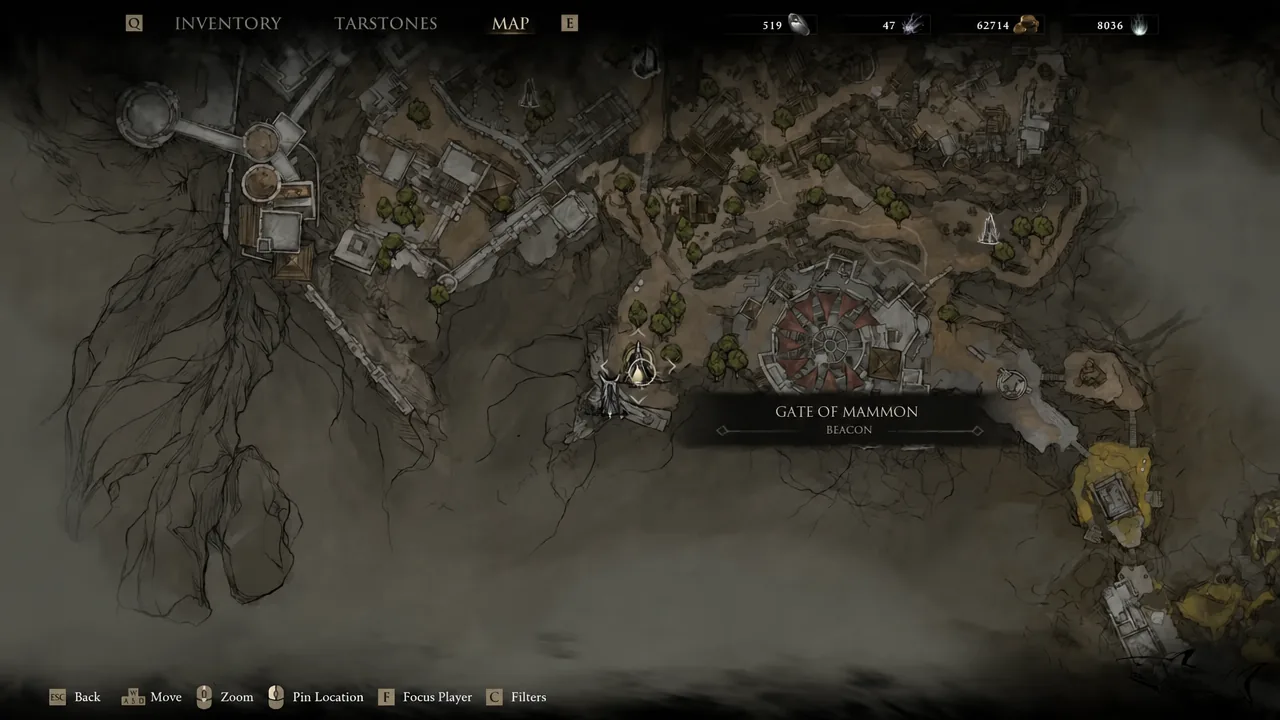 Map screen in Mortal Shell 2 with a Mammon beacon selected before travelling to the dungeon