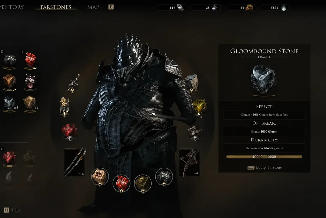Gloombound Stone details in the Tarstones menu, with the Equip Tarstone option below.