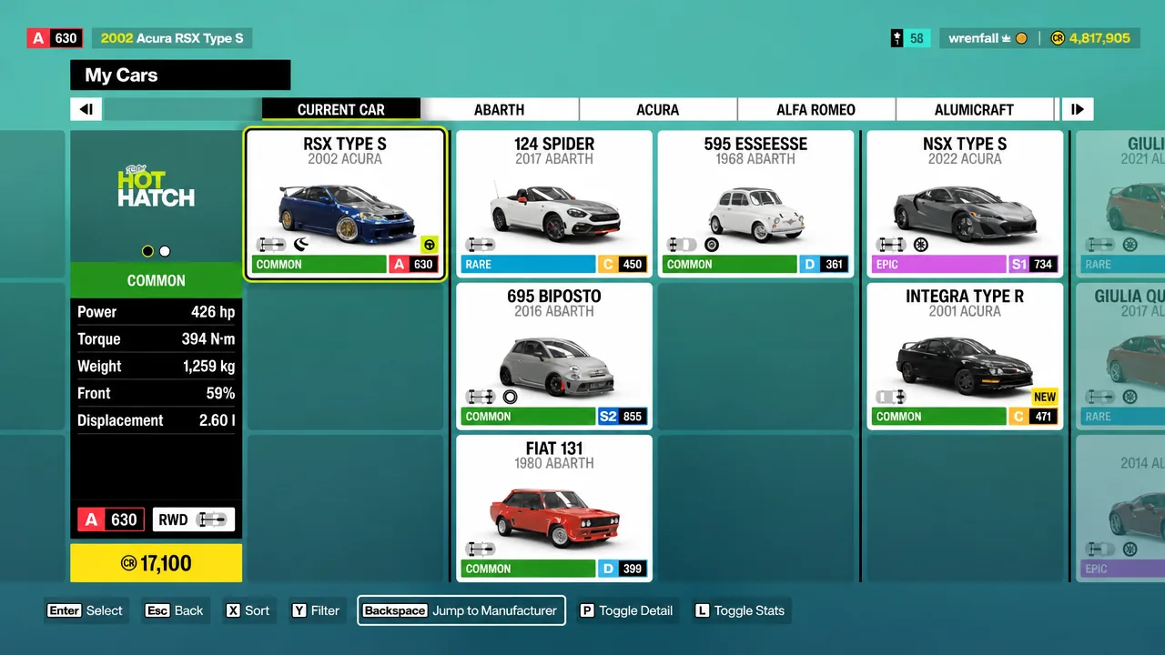 My Cars garage menu with a car card highlighted while switching vehicles