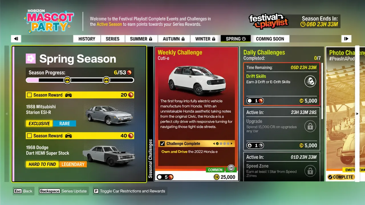 Festival Playlist menu open on the Spring Season tab showing rewards and challenges