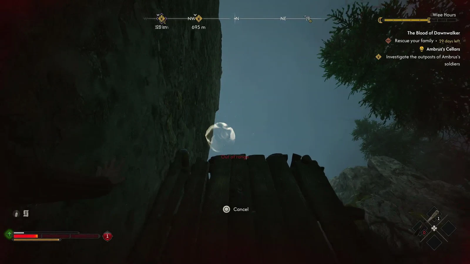 Aiming a vampiric ability at a distant point on the tower with an Out of range warning displayed