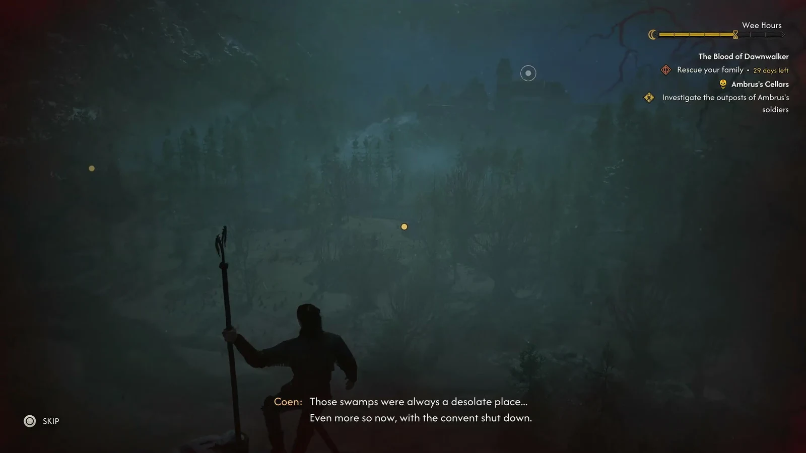 Coen moves through the dark swamps with The Blood of Dawnwalker and Ambrus's Cellars listed in the quest tracker