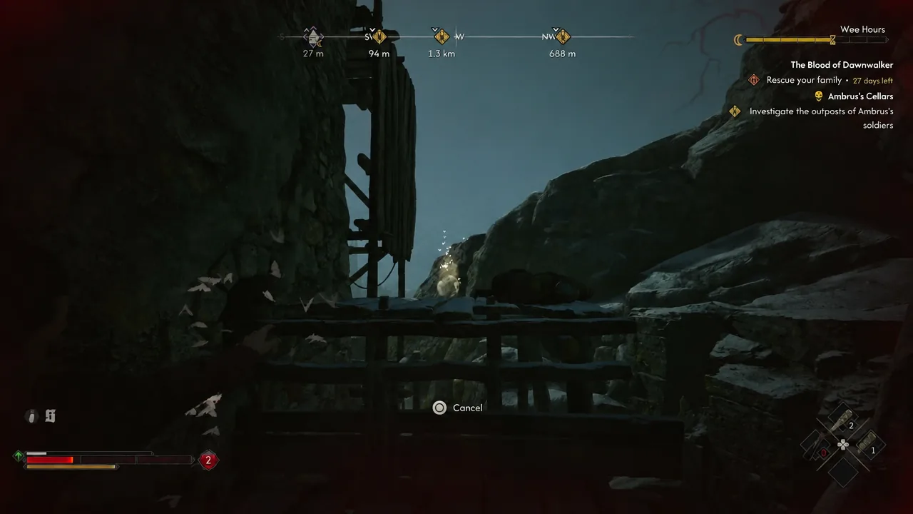Holding an ability aimed at the wooden barricade on the tower scaffolding, with a Cancel prompt on screen