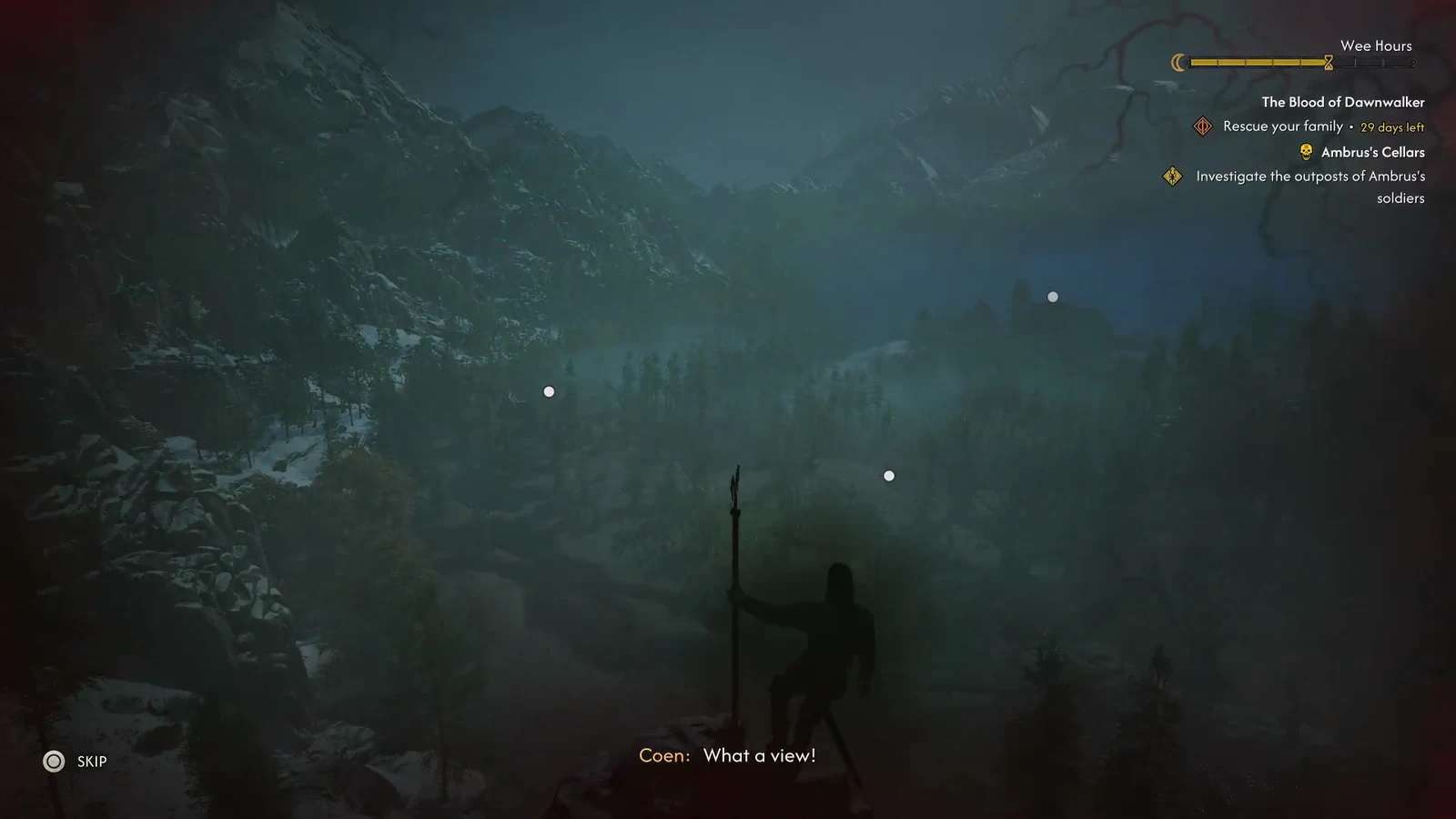 Coen looks out over a snowy mountain vista from the tower platform with a Skip prompt visible
