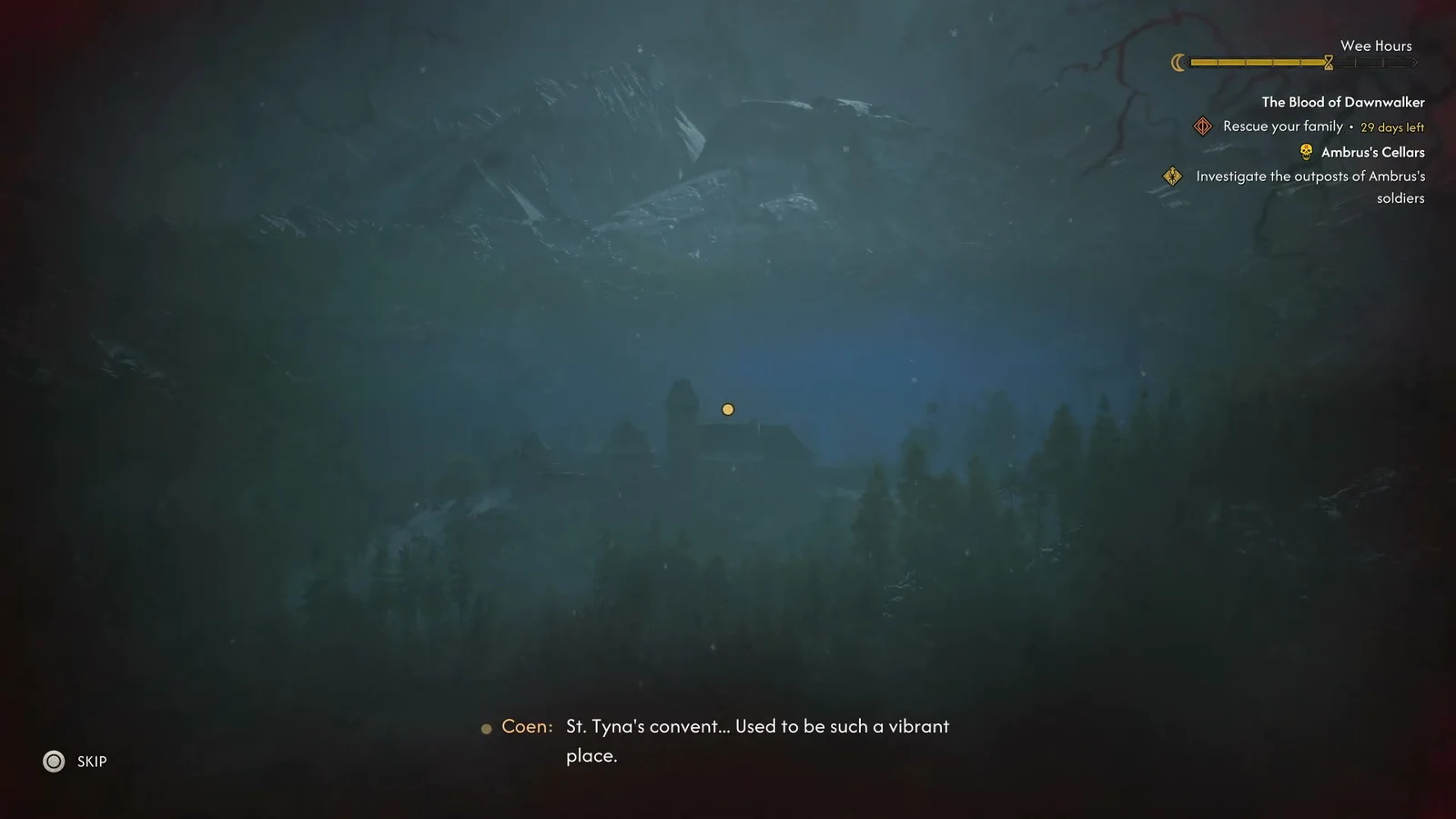 Coen speaking about St. Tyna's convent with the quest tracker and a SKIP prompt on screen