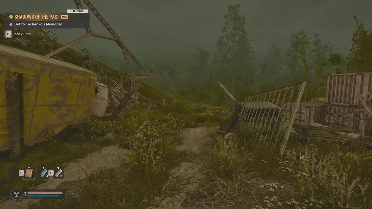 Shadows of the Past quest tracker showing Get to Tachenko's Memorial in a ruined outdoor area