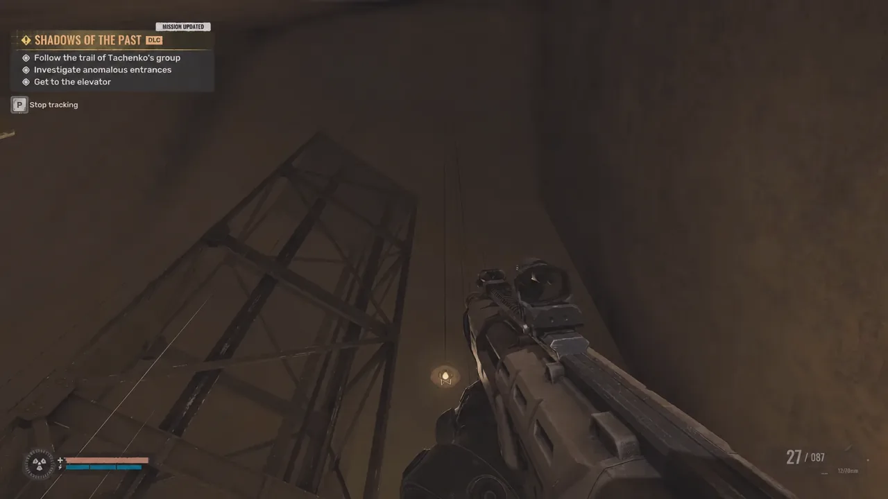 Shadows of the Past mission tracker listing objectives up to reaching the elevator
