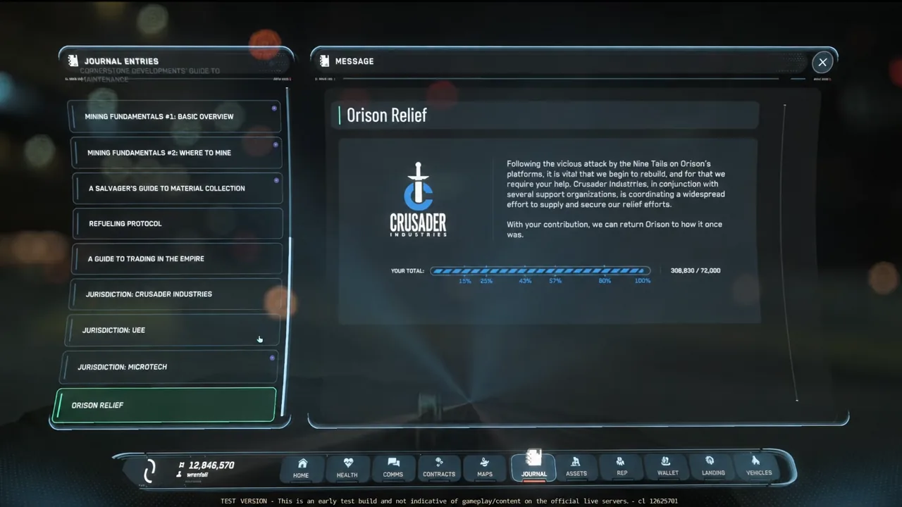 Journal Entries screen with Orison Relief selected, showing the contribution progress total
