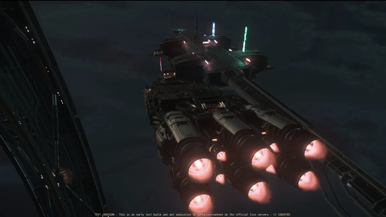 Ship thrusters firing as a vessel passes a large orbital structure in Star Citizen