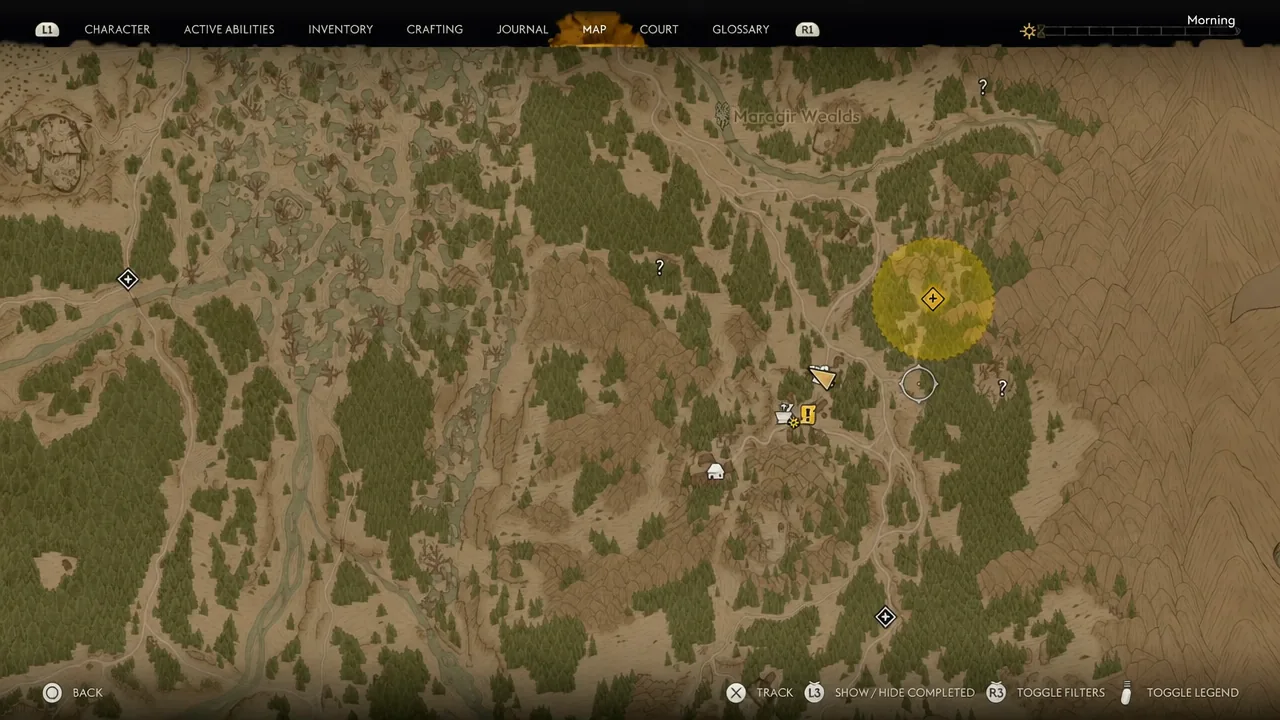 World map with the yellow Star-Crossed Lovers search area marked northeast of Maragir