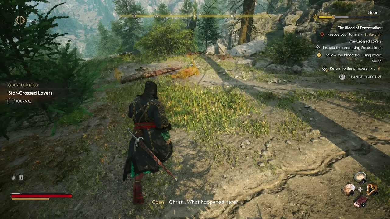 Quest journal showing Follow the blood trail using Focus Mode as the active Star-Crossed Lovers objective