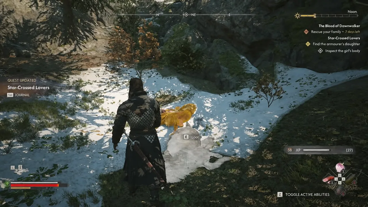 Loot prompt displayed over the daughter's body after the wolves have been killed