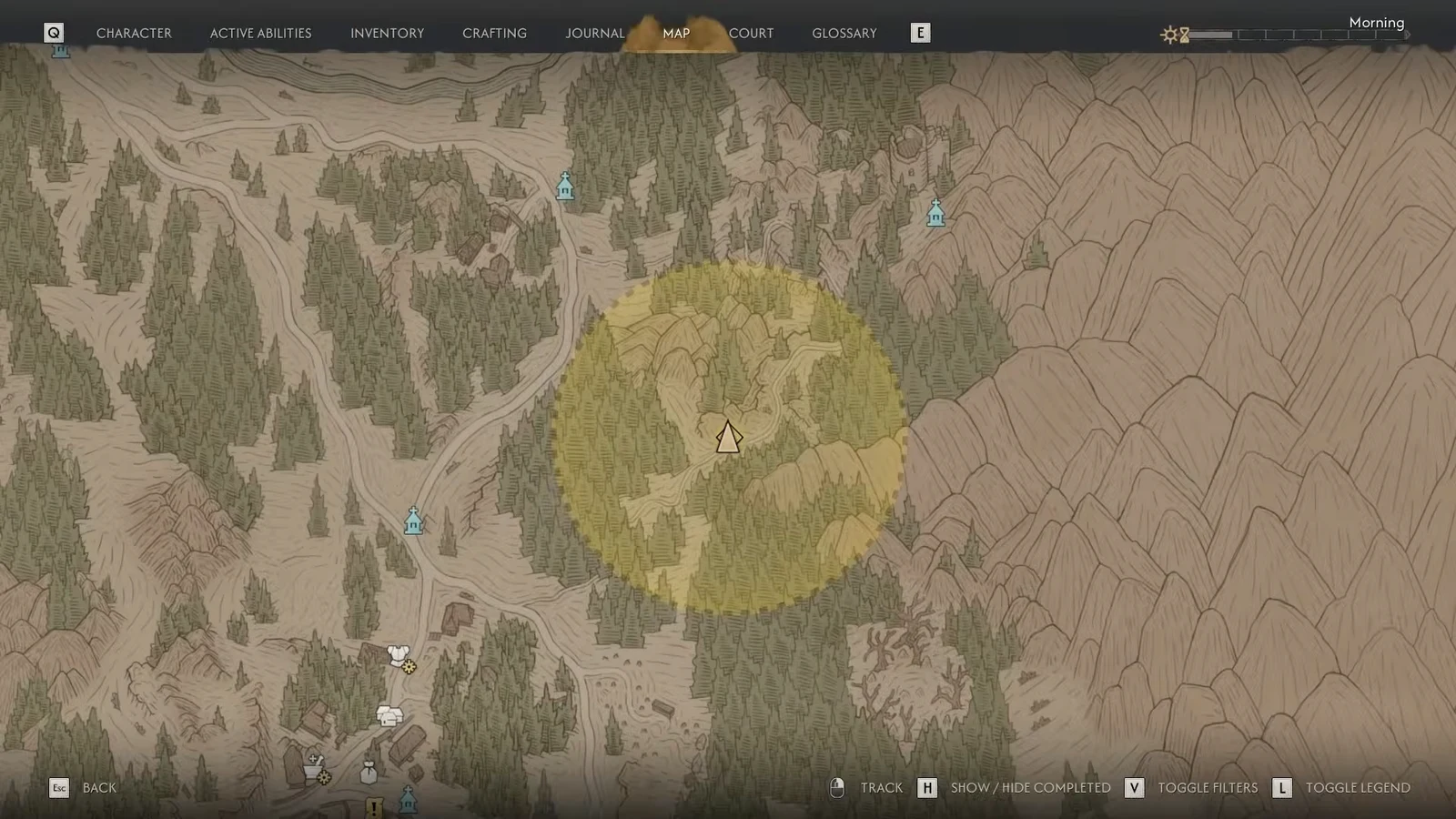 Map screen centered on the player marker with nearby discovered locations before entering the search area