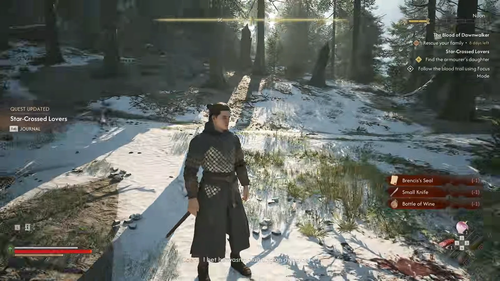 Quest objective update telling the player to follow the blood trail using Focus Mode
