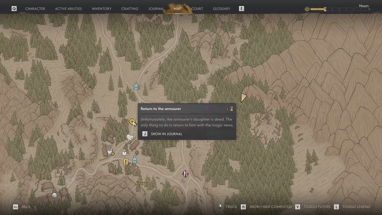 Map screen showing the return to the armourer objective with the journal shortcut prompt