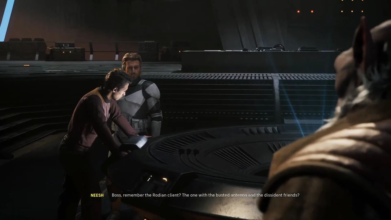 The crew gathered at the holotable planning the Chommell sector checkpoint job
