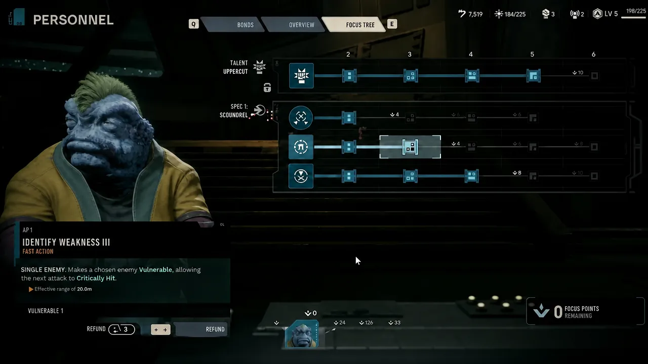 Scoundrel focus tree row showing the Identify Weakness node with its fast-action details
