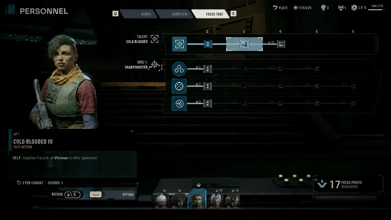Focus tree showing the Cold Blooded talent description with a refund option available