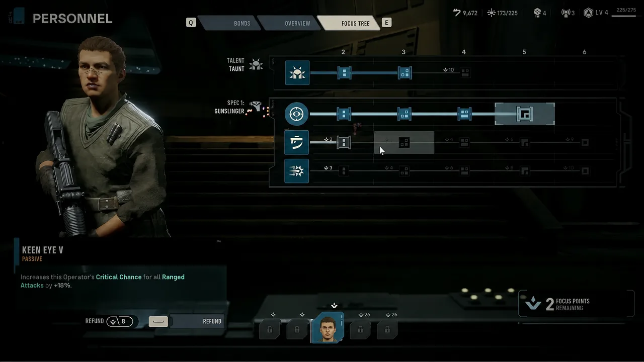 Gunslinger focus tree open in Personnel with Keen Eye V passive selected and two focus points left